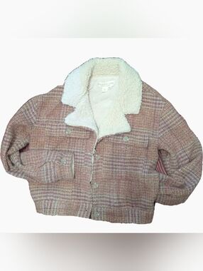 Sherpa Collar Plaid Shacket Jacket in Pink-Taupe